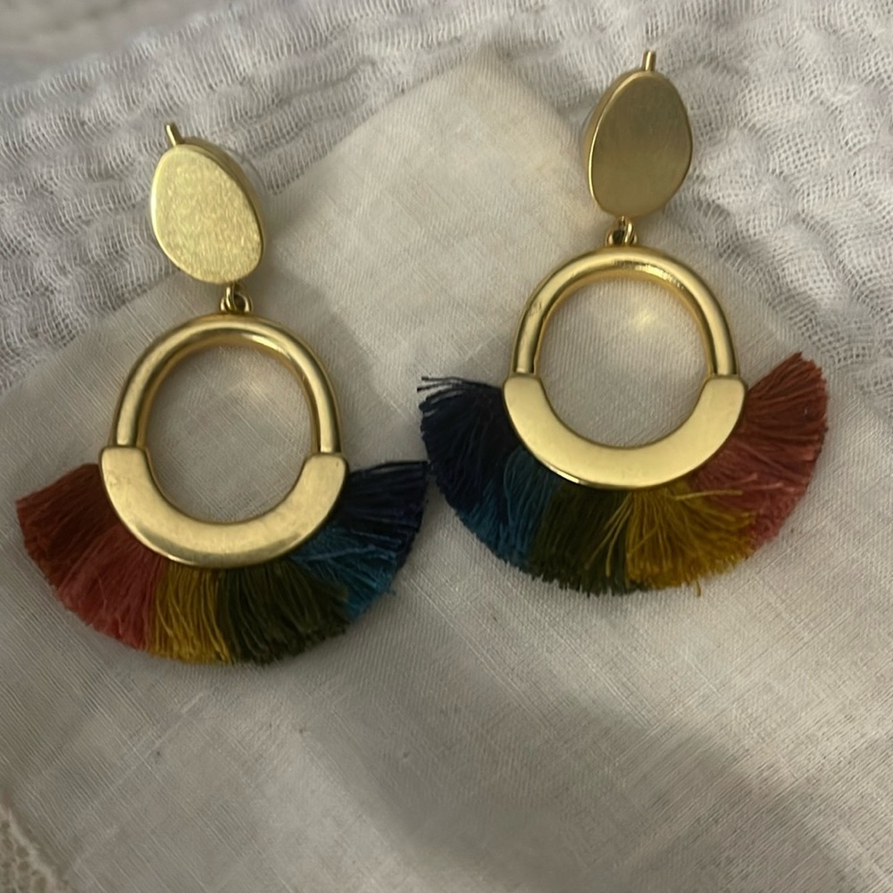 Madewell Fringe Statement tassel Earrings Rainbow Feather Block Gold Accents